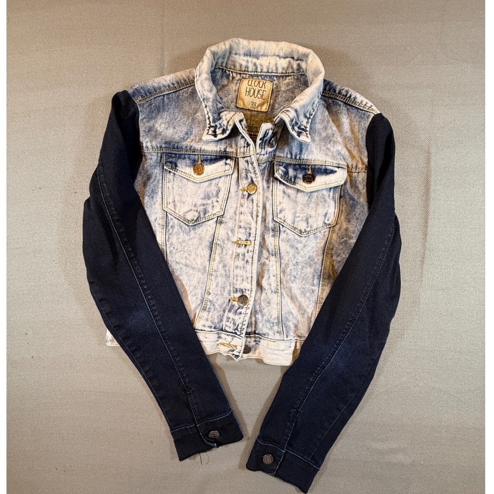 Clock House Two Tone Acid Wash Denim Jacket Blue Cropped Trucker Size 38 1900